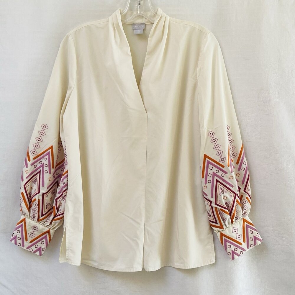 Chicos Embroidered Sleeve Dramatic Bohemian Boho Blouse Ivory Romance Womens 6